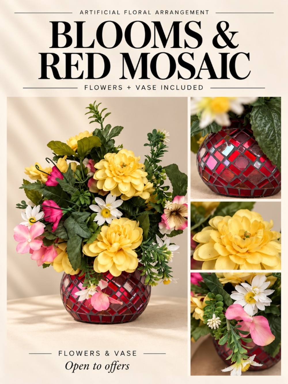Artificial Yellow Flowers in Red Mosaic Glass Vase
